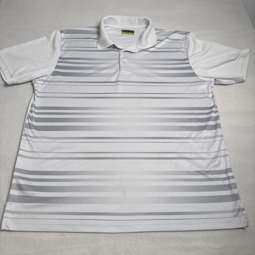 PGA Tour Pro Series Mens XL Golf Polo Shirt‎ White Grey Striped Performance